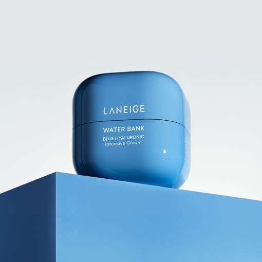 LANEIGE WATER BANK BLUE HYALURONIC Intensive Cream 50ml in blue container emphasizing barrier strengthening benefits