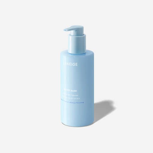 LANEIGE Water Bank Gentle Gel Cleanser 250ml in light blue pump bottle promoting hydration retention for gentle cleansing