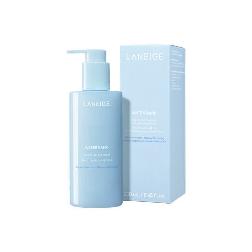 LANEIGE Water Bank Gentle Gel Cleanser 250ml in a pastel blue pump bottle with hydration retention benefits