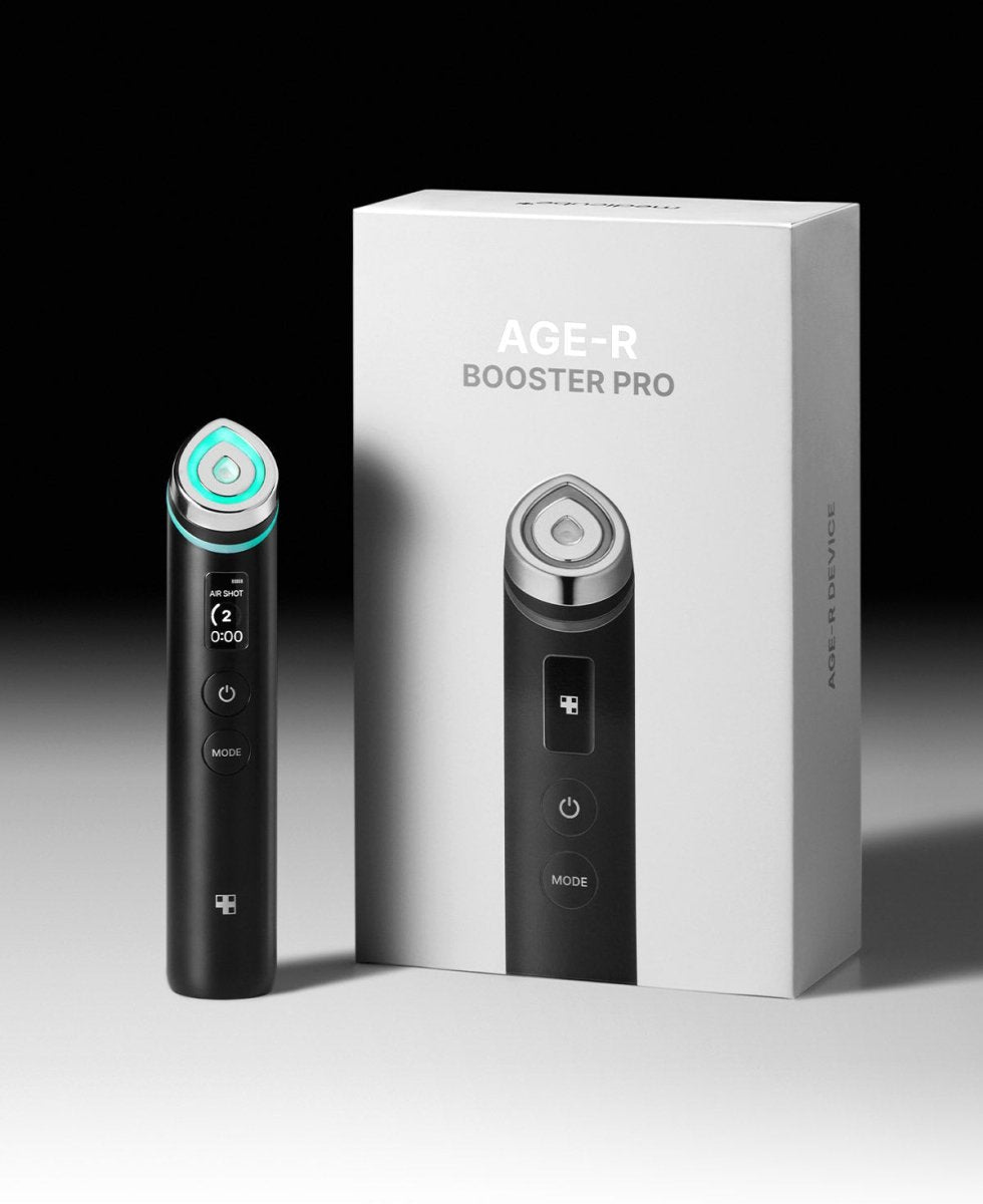 medicube AGE-R Booster Pro #Black device with digital display next to sleek white box featuring product image and name
