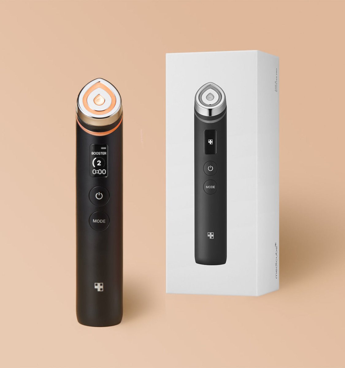 medicube AGE-R Booster Pro #Black facial device with digital display and packaging showcasing innovative technology design