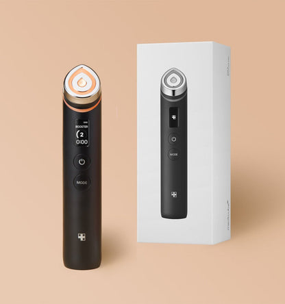 medicube AGE-R Booster Pro #Black facial device with digital display and packaging showcasing innovative technology design