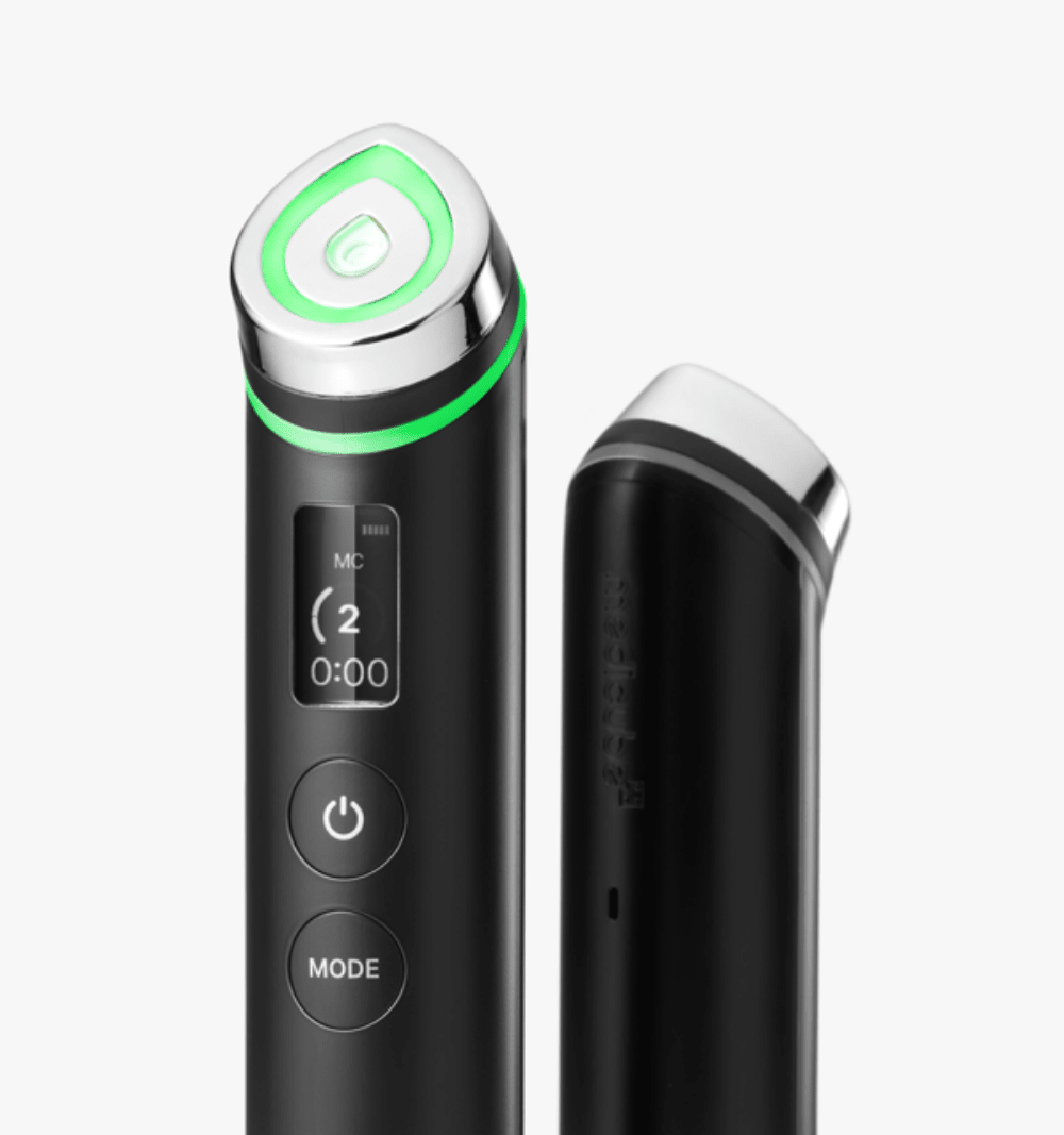 medicube AGE-R Booster Pro #Black sleek black device with digital display and illuminated green top ring showcasing innovative technology