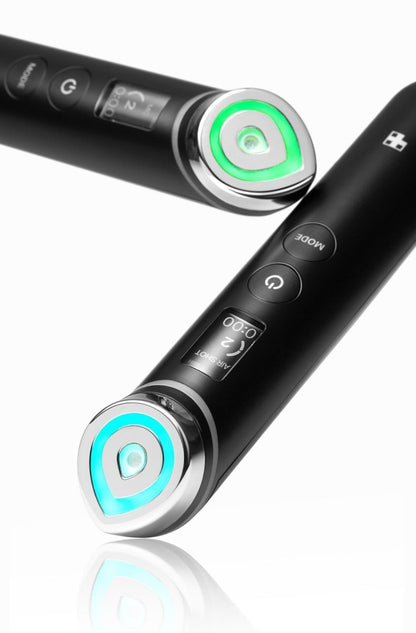 medicube AGE-R Booster Pro #Black with sleek black body, digital display, and illuminated treatment tips in green and blue light