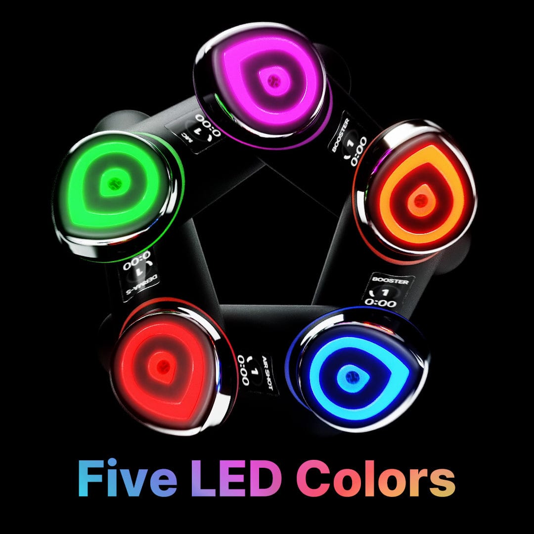 medicube AGE-R Booster Pro #Black showing five vibrant LED colors arranged in a circular pattern with sleek black design