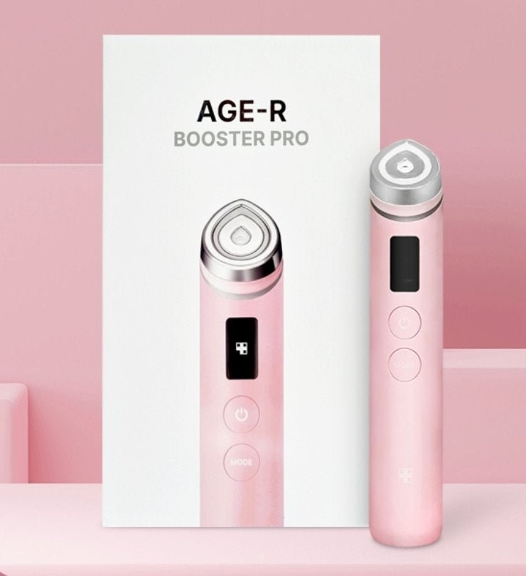medicube AGE-R Booster Pro #Pink high-tech skincare device with digital display and sleek pink cylindrical design
