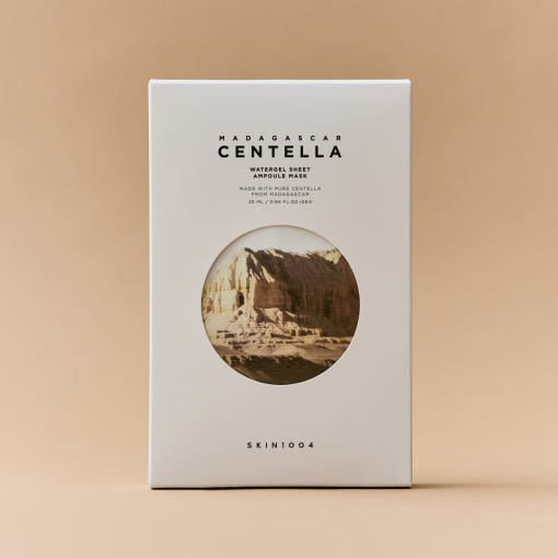 White box packaging of Madagascar Centella Watergel sheet mask with circular window showing natural rocky landscape
