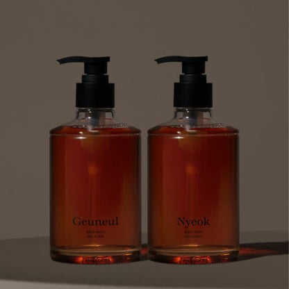 Two amber liquid body wash bottles with black pump tops against a neutral background highlighting moisture boost benefits