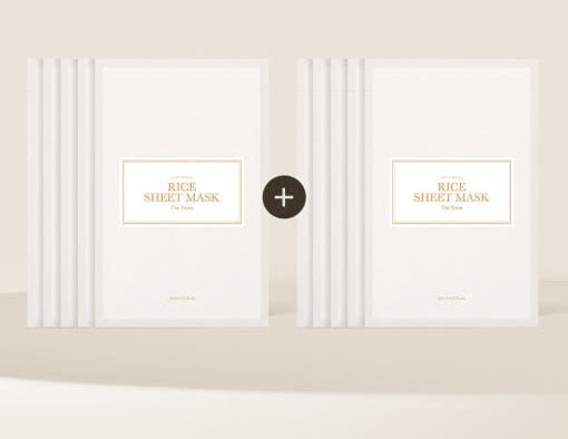 Two sets of white rice sheet mask packs with minimal gold text and clean packaging on pale beige background