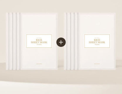 Two sets of white rice sheet mask packs with minimal gold text and clean packaging on pale beige background