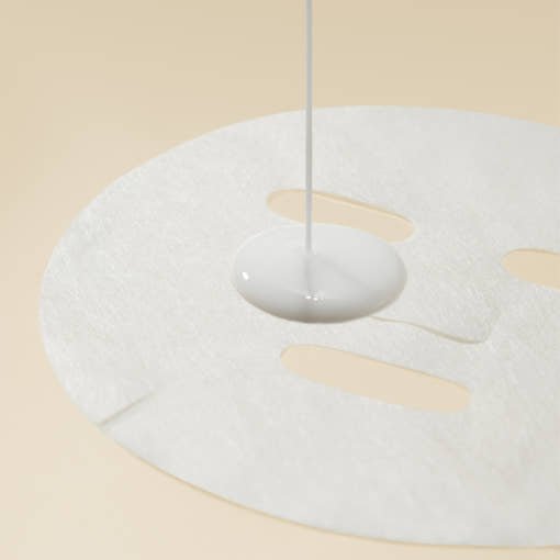 White sheet mask with hydrating liquid being poured onto smooth beige background surface