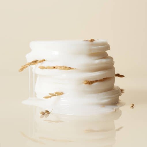 Stack of white toner pads wrapped with natural rice grains with moisturizing hydration boost on beige background