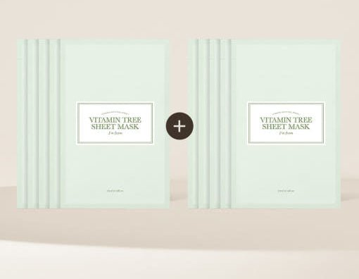 Two sets of pale green Vitamin Tree sheet mask packets arranged on a soft beige background representing rich hydration benefits