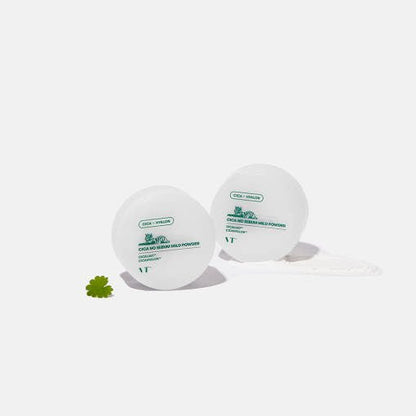 VT Cica No Sebum Mild Powder 5g with oil control in white round containers on a pale background