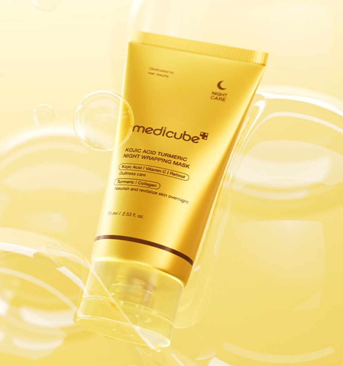 medicube Kojic Acid Turmeric Night Wrapping Mask 75ml in golden tube with brightening and nourishing night care formula