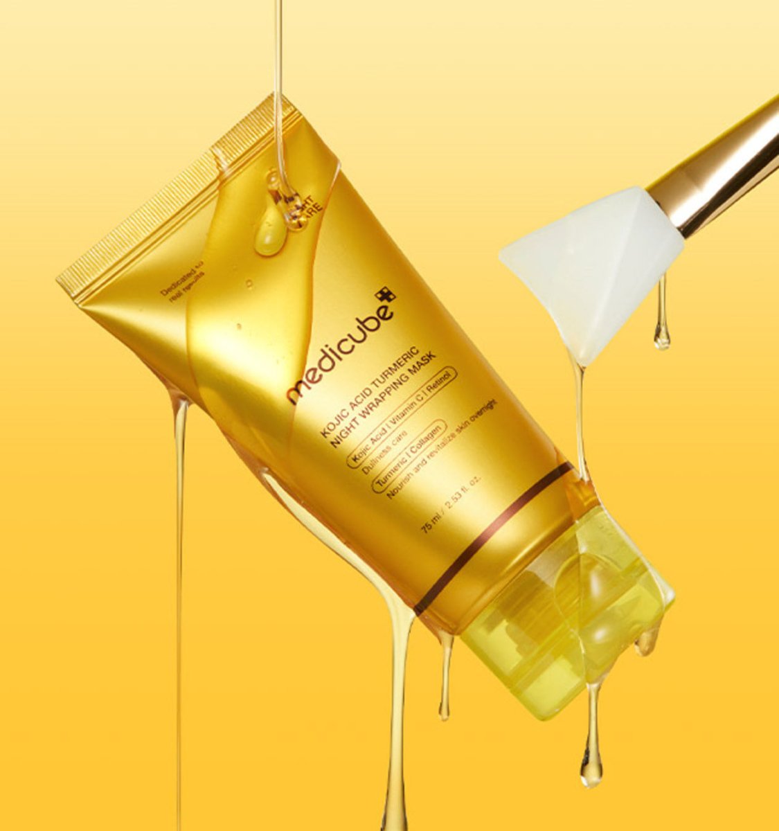 medicube Kojic Acid Turmeric Night Wrapping Mask 75ml with golden packaging and drips highlighting brightening effect