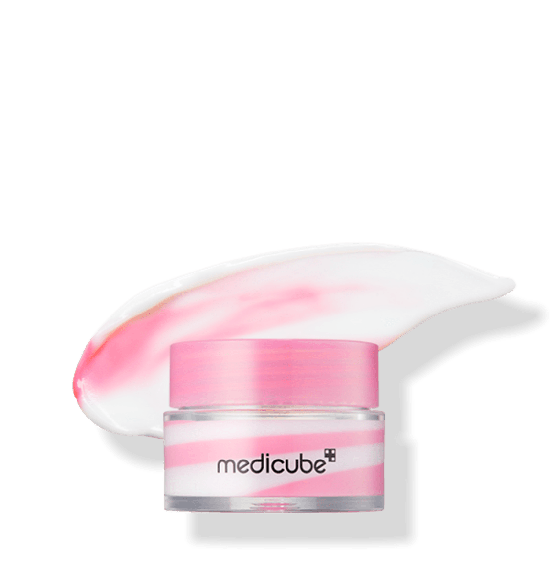 medicube PDRN Lip Sleeping Mask 10ml jar with pink and white swirled balm for hydration boost on white background