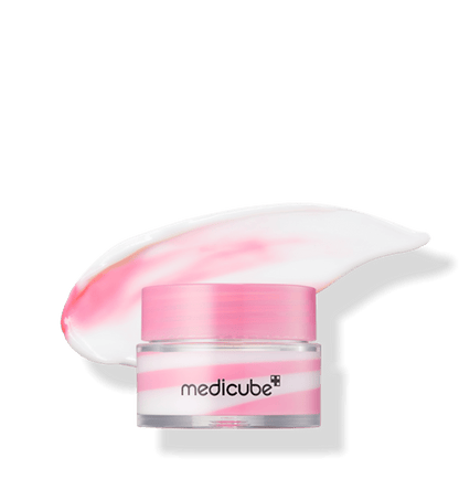 medicube PDRN Lip Sleeping Mask 10ml jar with pink and white swirled balm for hydration boost on white background