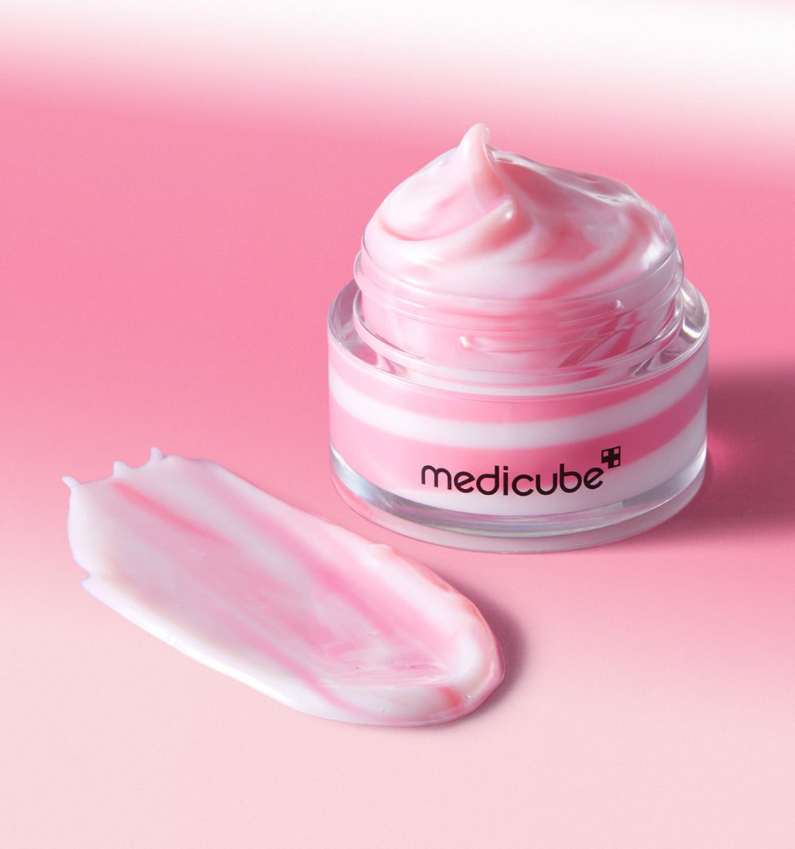 medicube PDRN Lip Sleeping Mask 10ml open jar with creamy pink striped texture and hydration boost benefits