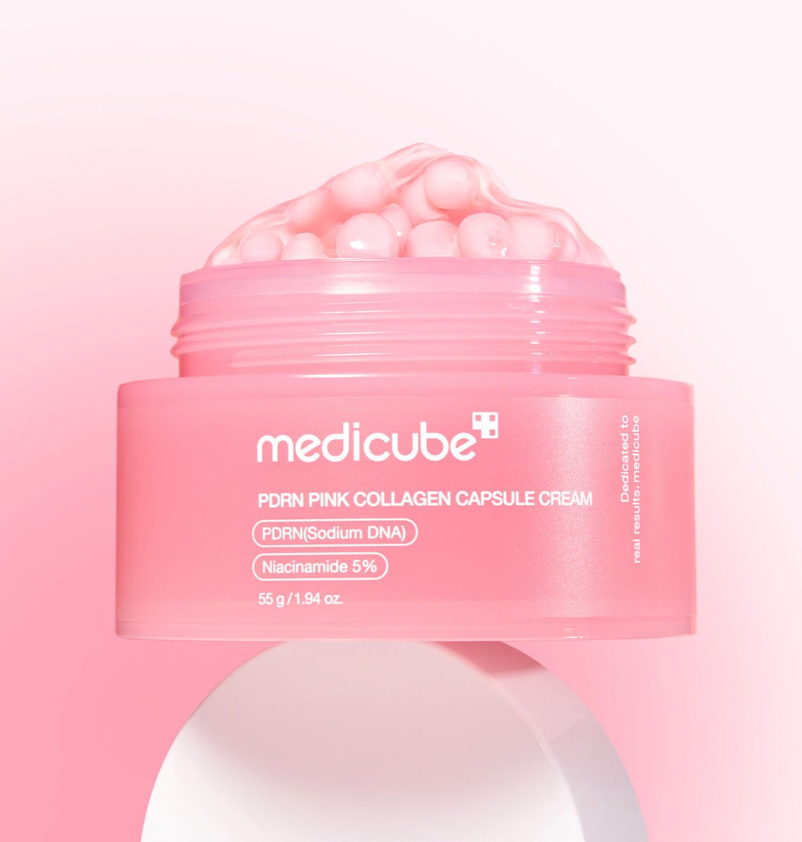 medicube PDRN Pink Collagen Capsule Cream 55ml jar open with creamy capsules highlighting radiance boost benefits