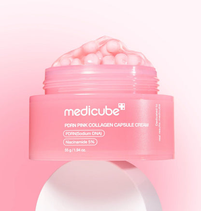 medicube PDRN Pink Collagen Capsule Cream 55ml jar open with creamy capsules highlighting radiance boost benefits
