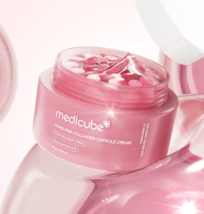 medicube PDRN Pink Collagen Capsule Cream 55ml jar with visible pink capsules and creamy texture for radiance boost skincare