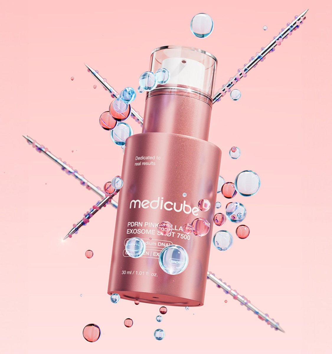 medicube PDRN Pink Collagen Exosome Shot 7500 30ml in pink bottle with water droplets symbolizing cell regeneration benefits