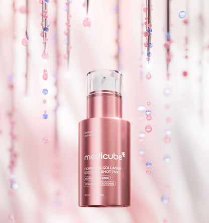 medicube PDRN Pink Collagen Exosome Shot 7500 30ml in metallic pink bottle with droplets symbolizing cell regeneration