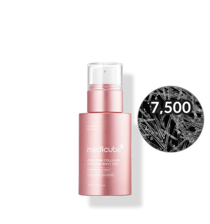 medicube PDRN Pink Collagen Exosome Shot 7500 30ml in pink bottle promoting cell regeneration and skin renewal