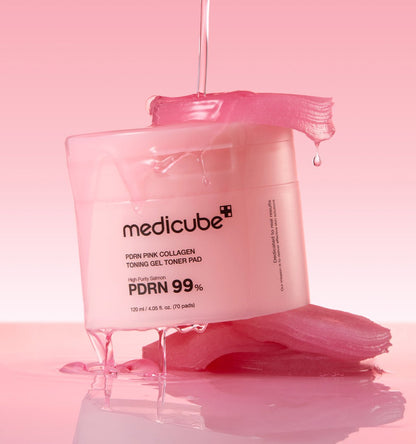 medicube PDRN Pink Collagen Gel Toner Pad 120ml/70pads container with gel dripping and pink collagen texture on pink background