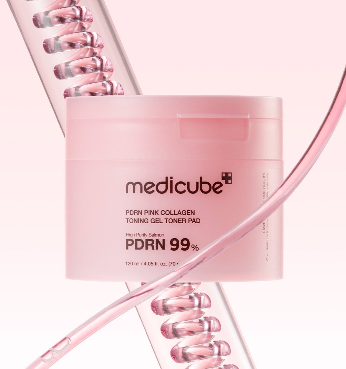 medicube PDRN Pink Collagen Gel Toner Pad 120ml/70pads in pink jar with natural renewal collagen gel formula