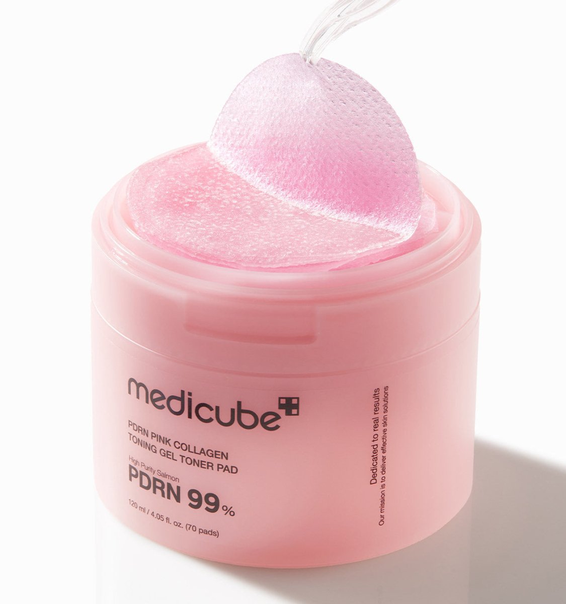 medicube PDRN Pink Collagen Gel Toner Pad 120ml/70pads in soft pink container with exfoliating textured gel pads