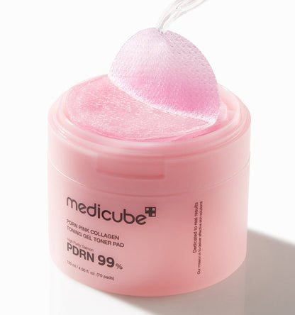 medicube PDRN Pink Collagen Gel Toner Pad 120ml/70pads in soft pink container with exfoliating textured gel pads