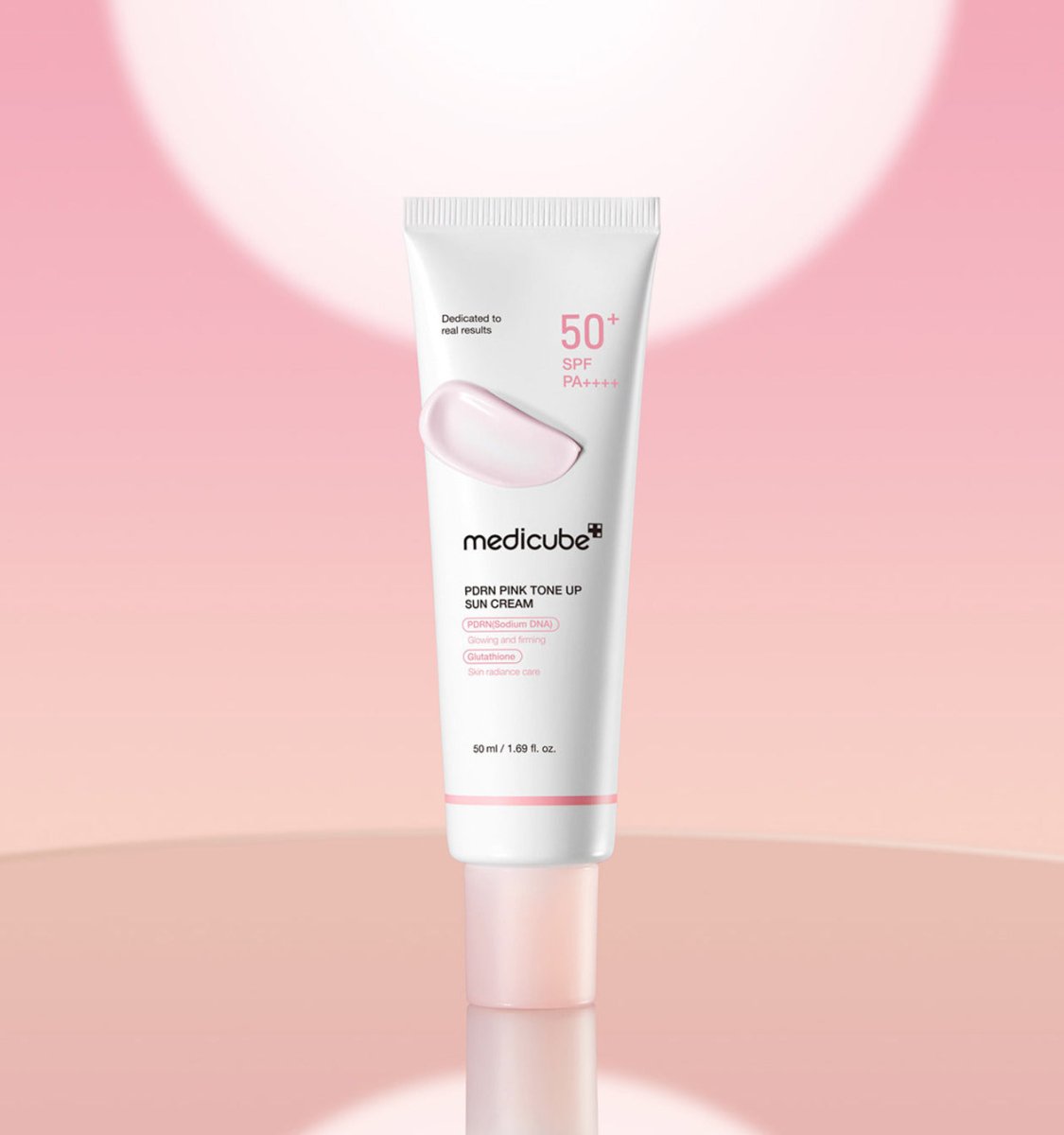 medicube PDRN Pink Tone Up Sun Cream 50ml tube with high SPF 50+ PA++++ protection and light pink cream swatch