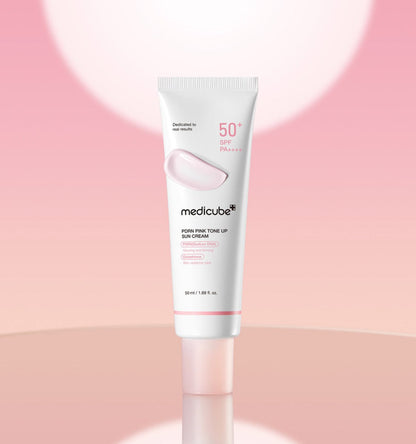 medicube PDRN Pink Tone Up Sun Cream 50ml tube with high SPF 50+ PA++++ protection and light pink cream swatch