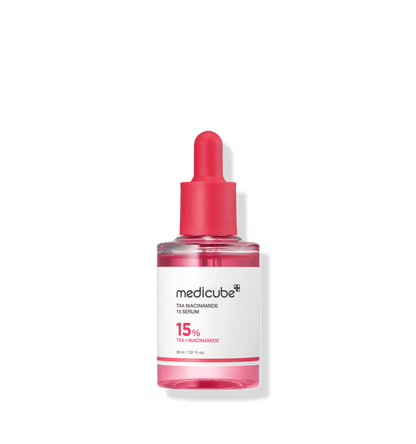 medicube TXA Niacinamide 15% Serum 30ml bottle with pink dropper cap highlighting brightening effect benefits