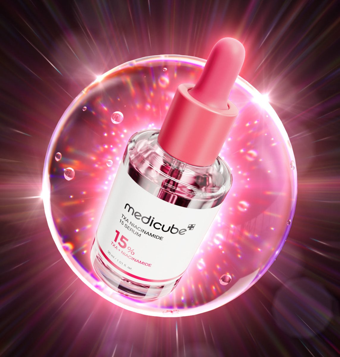 medicube TXA Niacinamide 15% Serum 30ml with brightening effect in clear bottle and pink dropper on glowing pink background
