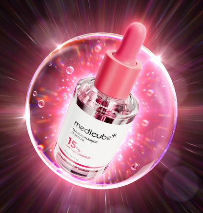 medicube TXA Niacinamide 15% Serum 30ml with brightening effect in clear bottle and pink dropper on glowing pink background