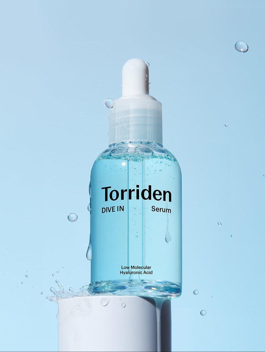 Torriden DIVE-IN Low-Molecular Hyaluronic Acid Serum 40ml in clear bottle with dropper highlighting deep hydration benefits