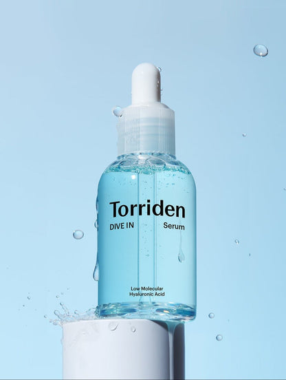 Torriden DIVE-IN Low-Molecular Hyaluronic Acid Serum 40ml in clear bottle with dropper highlighting deep hydration benefits