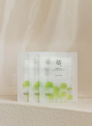 Set of calming sheet masks with green centella asiatica leaf illustrations on soft neutral backdrop