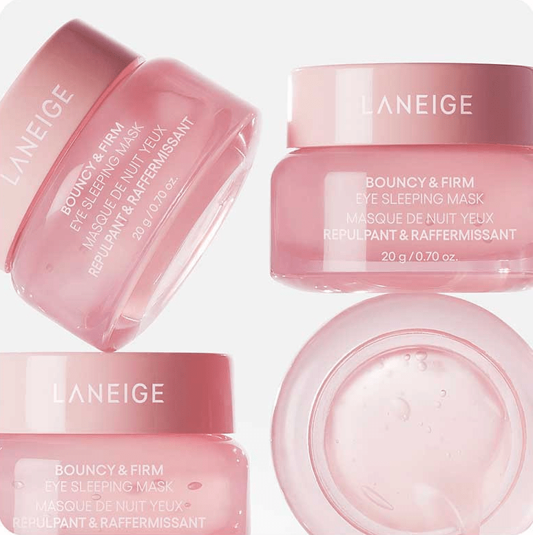 LANEIGE Bouncy & Firm Eye Sleeping Mask 20g in pink jars with gel texture that depuffs and firms delicate skin around eyes