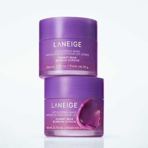 LANEIGE Lip Sleeping Mask EX 20ml #Gummy Bear in purple jars with gentle exfoliation lip treatment displayed