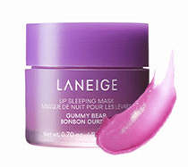 LANEIGE Lip Sleeping Mask EX 20ml #Gummy Bear in purple jar with gentle exfoliation and glossy pink balm swatch