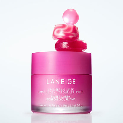 LANEIGE Lip Sleeping Mask EX 20ml #Sweet Candy jar with layered pink gel and balm drops showcasing exfoliating action effect