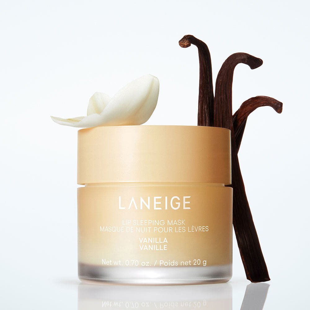 LANEIGE Lip Sleeping Mask EX 20ml #Vanilla with exfoliating benefits shown with vanilla pods and white petals
