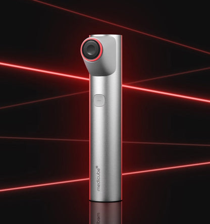 medicube AGE-R HIGH FOCUS SHOT device in silver with red ring detail, designed for targeted elasticity care treatment