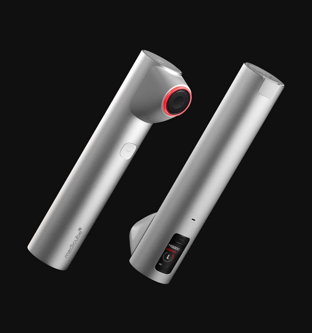 medicube AGE-R HIGH FOCUS SHOT silver device with digital display and circular red light for targeted elasticity care