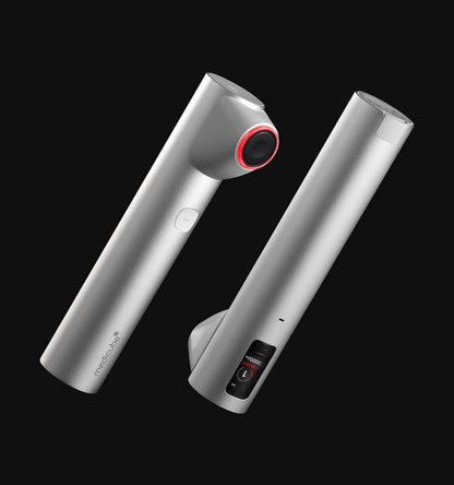 medicube AGE-R HIGH FOCUS SHOT silver device with digital display and circular red light for targeted elasticity care