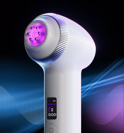 medicube AGE-R Ultra Tune 40.68 white device with glowing purple tip designed for elasticity boost therapy